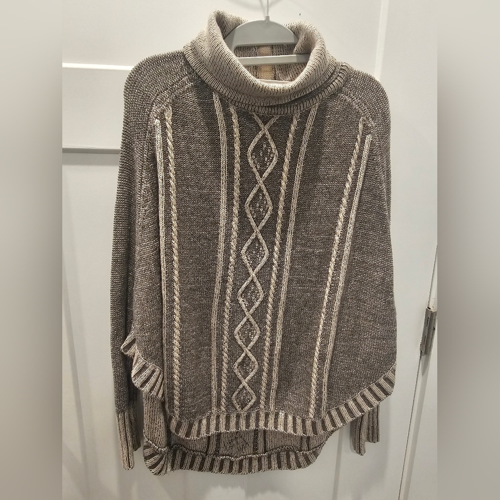 YOON Wool Cashmere Blend Cable Knit Turtleneck Sweater Brown Cream M/L